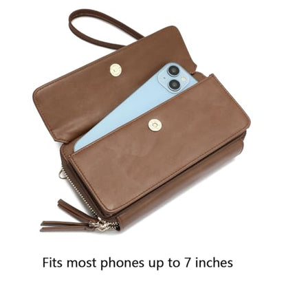 RFID Crossbody Wallet Wristlet Purse with Phone Pocket For Women Vegan Leather - color: B-retro Brown
