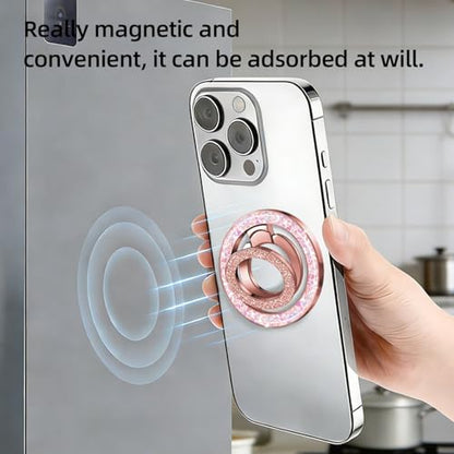 Bling Double Phone Ring Holder, Crystal Magnetic Phone for MagSafe Grip with 360° Rotating Adjustable Kickstand, Double Magnetic Ring Stand for iPhone 17/16/15/14/13/12 Series, Rose Gold - color: rose gold
