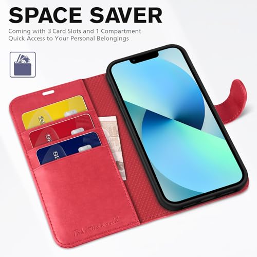 TUCCH Wallet Case for iPhone 13 (6.1") 2021, 3 Card Slots, Red | RFID Blocking, Viewing Stand, Shockproof TPU Shell, PU Leather, Magnetic Closure, Protective Folio Flip Cover - color: Red