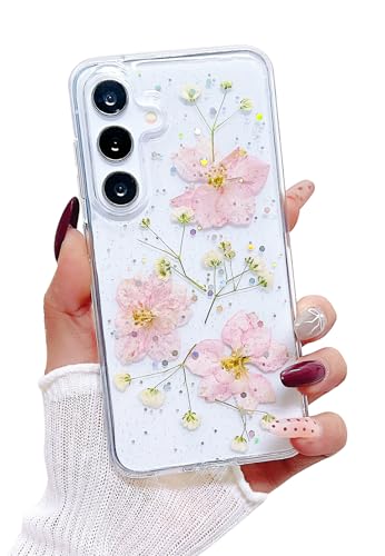 Compatible with Samsung Galaxy S24 Case Cute Pressed Dried Real Flowers Design Women Girly Shockproof Hard PC+ TPU Bumper Floral Phone Cover for Galaxy S24 (Light Pink) - color: Light Pink, size: Samsung S24