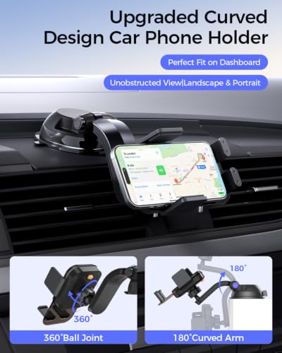 PISEN Dashboard Car Phone Mount - One Press Lock Dash Phone Holder for Car, 360° Rotating One-Button Release Dash Car Phone Holder, Strong Suction Dashboard Car Phone Mount for Most Smartphone (Black)