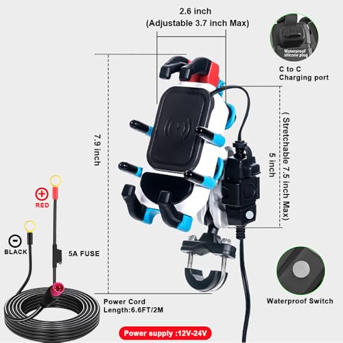 Motorcycle Phone Mount Holder with Charger Waterproof Handlebar 15W Wireless&PD USBC QC3.0 Fast Charging Port with Vibration Dampener Anti Shake for Motorcycle Fit 4.7''-7.2''Cell Phone