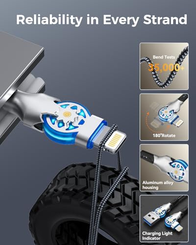 Dual 90 Degree Lightning Cable with 180° Rotating Head, 6ft Right Angle Nylon Braided iPhone Charger Cord for iPhone14/13/12/11/X/8/7/6/5/SE/Pod/Pad, MFi 180° Rotating Lightning Cable Fast Charge