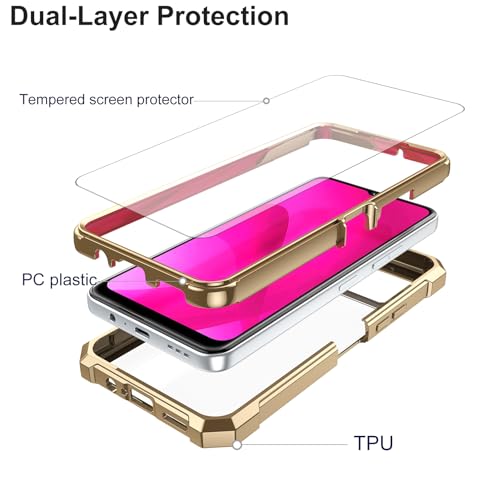 Ailiber for TMobile REVVL 7 5G Case, Clear Transparent [Anti Yellowing], with [Screen Protector], Dual Layer Shockproof Bumper, Silicone Cell Phone Case for T-Mobile Metro REVVL 7 5G-Gold - color: Crystal Clear & Gold