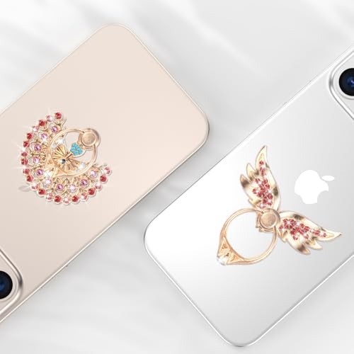 Phone Finger Ring Stand,2 Pack Luxury Glitter Diamond Universal Metal Kickstand for iPhone 17/16/15/14/13 Pro Max, Galaxy S25/S24/S23/S22 Ultra, Finger Ring Grip Holder,Peacock/Wings
