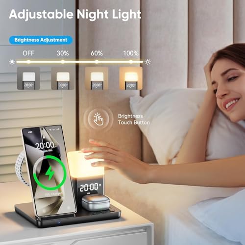 6 in 1 Wireless Charging Station for Samsung Android with Clock & Night Light,Wireless Charger Beside Clock for Galaxy S26 Ultra S25 S24,Galaxy Watch 8/7 Buds 4/3 Pro,Not for Watch 9/Ultra 2 - color: Black