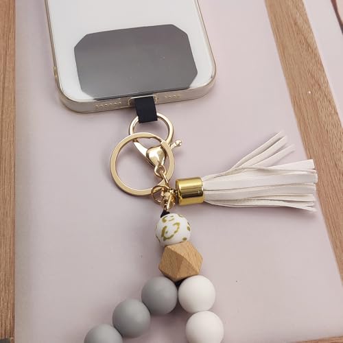 Phone Lanyard Silicone Beaded Phone Wrist Strap Cute Elastic Cell Phone Wristlet Chain Bracelet with 2 Tether Tab - color: White
