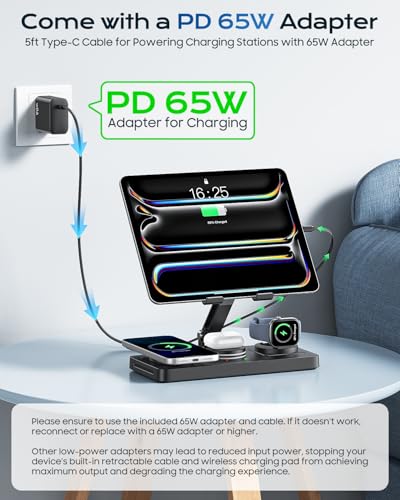 5 in 1 Charging Station for Apple Multiple Devices &65W Adapter, 30W Max Bulit-in Retractable Cable Fast Wired Charging Stand for iPad/Tab, Foldable Magnetic Wireless Charger for iPhone 17/iWatch/Buds