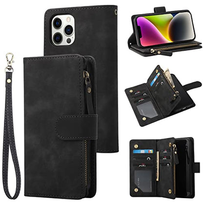 RANYOK Wallet Case Compatible with iPhone 13 Pro (6.1 inch), Premium PU Leather Zipper Flip Folio Wallet RFID Blocking with Wrist Strap Magnetic Closure Built-in Kickstand Protective Case (Black) - color: Black
