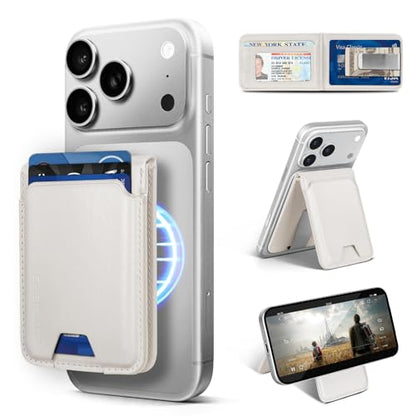 Shieldtop RFID Blocking MagSafe Wallet Stand with Card Holder,5 Card Slots & ID Window,PU Leather Magnetic Adjustable Kickstand for iPhone 12/13/14/15/16/17 Pro Max & Air Plus Series,White - color: White