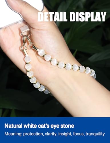 Handmade Beaded Charm Cell Phone Camera Lanyard, Wrist Strap with Natural Gemstone Beads,Phone Chain String, Keychain Decor for Wallet (White Cat’s Eye) - style: White Cat’s Eye