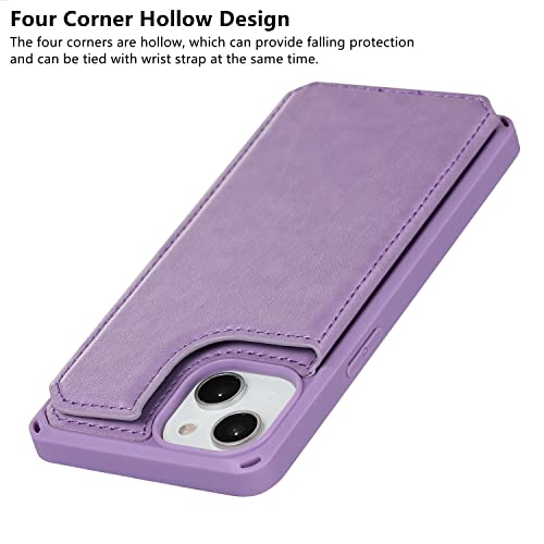 iCoverCase Compatible with iPhone 14 Wallet Phone Case with Card Holder for Women, RFID Blocking Embossed PU Leather Wrist Strap Case 6.1 Inch (Macaron Purple) - color: P-Purple