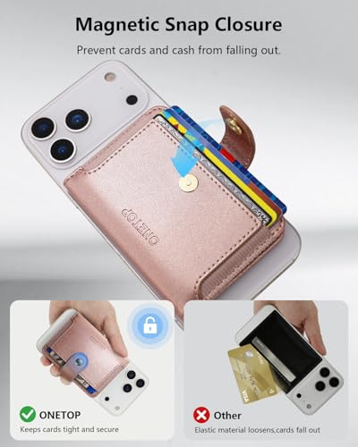 ONETOP for MagSafe Wallet,Magnetic Phone Wallet with 5 Card Slots,RoseGold | 1-12 Cards/Cash Holder for iPhone 17/16/15/14/13/12 Series,Detachable Wallet Stick-On Back,PU Leather RFID Blocking Kickstand - color: Rose Gold