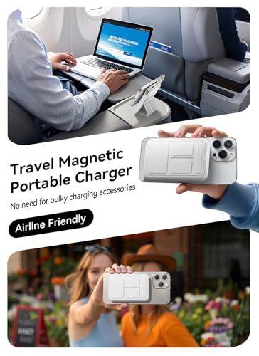 Magnetic Portable Charger, 10000mAh Power Bank with Leather Foldable Stand - color: Ivory White