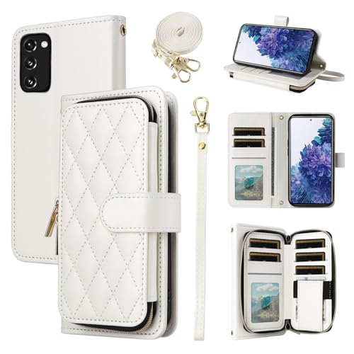 Wallet Case for Samsung Galaxy S20 FE 5G 6.5 inch with Wrist Strap, 9+ Card Slots Zipper Purse, Luxury PU Leather Stand Phone Cover for S 20 EF UW S20FE5G S20FE 20S S2O Fan Edition 4G G5 White | Wrist/Shoulder Strap, 9+ Card Slots, Luxury PU Leather Phone