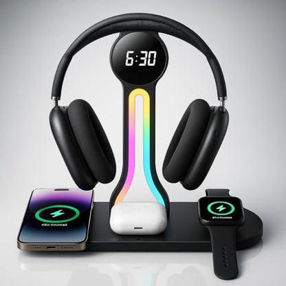 Transform Your Desk – 3-in-1 Wireless Charging Station with Headphone Stand, Dual USB Ports, 15W Fast Charger for Phone/A-irPods/A-pple Watch, RGB Light, LED Alarm Clock – Charge 5 Devices at Once
