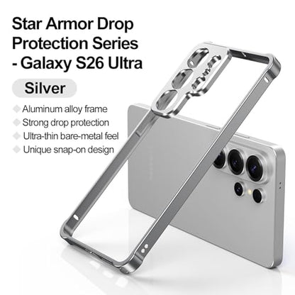 Aluminum Alloy Bumper Frame Case for Samsung Galaxy S26 Ultra, with Camera Lens Protector Backless Slim Metal Bumper Frame Cover with Soft TPU Inner [No Signal Interference] (Silver) - color: Silver