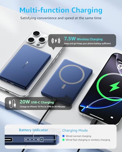 “Air” Power Bank for MagSafe 5000mAh Ultra Slim Battery Charger Case | Magnetic Wireless Portable Battery Charger Case with USB-C Cable, Compatible with iPhone 17/16/15/14/13/12 Series Only (Blue) - color: Blue