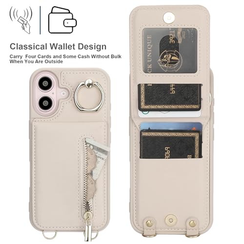 Crossbody Wallet Case for iPhone 17, with Card Slots Zipper Pocket Case, Flip Folio Purse RFID Blocking with Detachable Strap-Beige - color: Beige, size: iPhone 17(6.3")