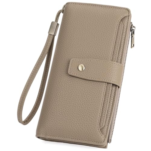 GAEKEAO Womens Wallet RFID Blocking Large Capacity Vegan Leather Card Holder Wristlet Clutch with 32 Card Slots 4 ID Windows - color: X06-Khaki