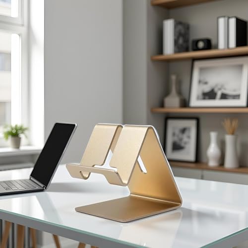 Gold Aluminium Alloy Cell Phone Stand, Cell Phone Stand Holder Aluminum Desktop Solid Universal Desk Stand Aluminum Desktop Stand for All Mobile Smart Phone Office Decor