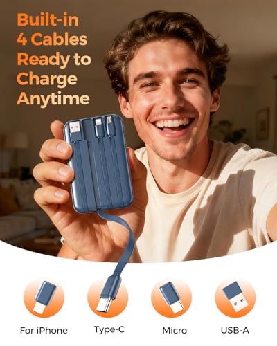 Portable Charger 10000mAh with 4 Built-in Cables 40% Smaller - color: Navy