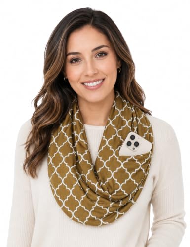 Pop Fashion Quatrefoil Pattern Infinity Scarf for Women - Travel Scarf with Hidden Pocket - All Seasons - color: Brown, size: 24.5 x 9.5