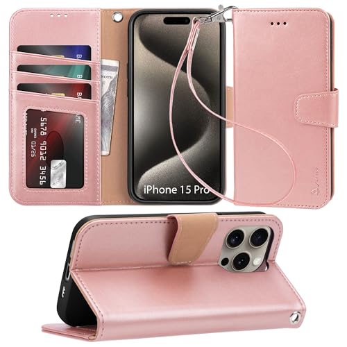 Arae Compatible with iPhone 15 Pro Case with Card Holder and Wrist Strap Wallet Flip Cover for iPhone 15 Pro 6.1 inch,Rose Gold - color: Rose Gold, size: iPhone 15 Pro 6.1 inch