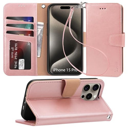 Arae Compatible with iPhone 15 Pro Case with Card Holder and Wrist Strap Wallet Flip Cover for iPhone 15 Pro 6.1 inch,Rose Gold - color: Rose Gold, size: iPhone 15 Pro 6.1 inch