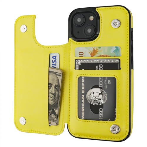 ONETOP for iPhone 15 Wallet Case with Credit Card Holder,Yellow | Kickstand,ID/Cash Holder,Case Wallet with Card Slots,Double Magnetic Clasp,Durable PU Leather Shockproof Cover for Women Men - color: Yellow