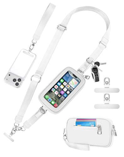 Clip and Go Strap for Phone with Wallet Crossbody, Detachable Wristlet Strap Pocket with Zipper Phone Screen ID Window, 2 Pcs Metal Tether Patches Compatibe with iPhone and Most Smartphones White - color: White