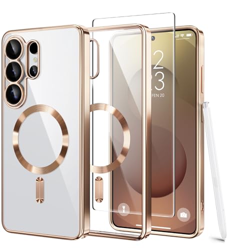 Magnetic Case for Samsung Galaxy S26 Ultra with Screen Protector,[Compatible with MagSafe][Full Camera Protection]Slim Military Shockproof Plating Phone Cover for AI Galaxy S26 Ultra(Rose Gold/Clear) - color: Rose Gold/Clear, size: Samsung Galaxy S26 Ultr