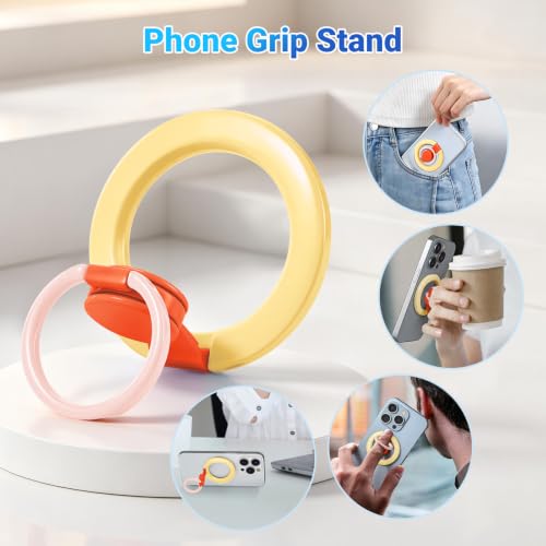 Magnetic Phone Ring Holder with Metal Ring Sticker, Long Grip as Hook, Cell Phone Grip for Hand Removable Finger Holder Compatible for MagSafe Sticker iPhone 17/16/15/14/13/12 Series,Yellow - color: Yellow with Red Center