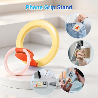 Magnetic Phone Ring Holder with Metal Ring Sticker, Long Grip as Hook, Cell Phone Grip for Hand Removable Finger Holder Compatible for MagSafe Sticker iPhone 17/16/15/14/13/12 Series,Yellow - color: Yellow with Red Center