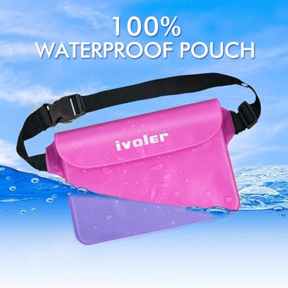ivoler 2-Pack Waterproof Fanny Pack & Phone Pouch, Dry Bag for Passport, Phone & Wallet, Floating Waterproof Phone Case for Beach, Swimming, Kayaking, Boating, Cruise Essentials & Travel Pink | Swimming & Travel, Long Adjustable Waist Strap, IPX8 Dry Case