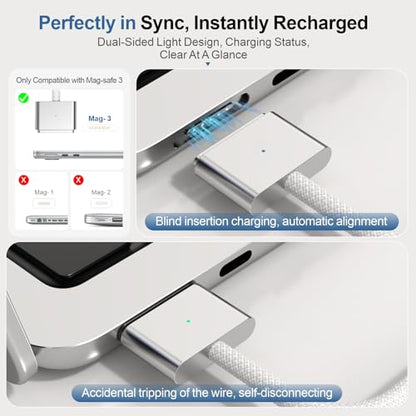 140W USB-C to Magnetic 3 Cable 6.6ft, for MacBook Pro/Air M2-M5, White - color: White