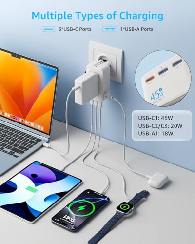 “Air” Universal Travel Adapter 3 USB-C＆ 1 USB-A Cover 200+ Countries - color: White, size: A1R GaN45W