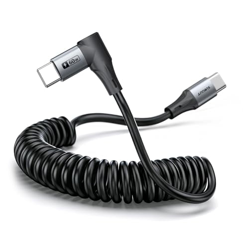 Extended Right Angle Coiled USB C Cable, 60W Fast Charging - 2 Pack 5FT - size: 5FT