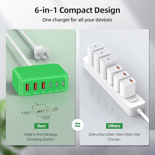 100W 6 in 1 USB Charger, 50% Smaller Charging Station for Multiple Devices - color: D-Green