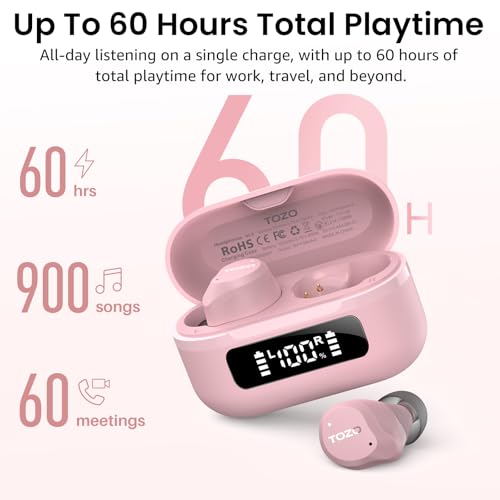 TOZO NC9 Hybrid Active Noise Cancelling Wireless Earbuds, 60H, LED Display - color: Dusty Pink