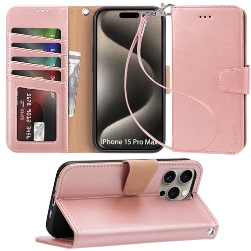 Arae Compatible with iPhone 15 Pro Max Case with Card Holder and Wrist Strap Wallet Flip Cover for iPhone 15 Pro Max 6.7 inch,Rose Gold - color: Rose Gold, size: iPhone 15 Pro Max 6.7 inch