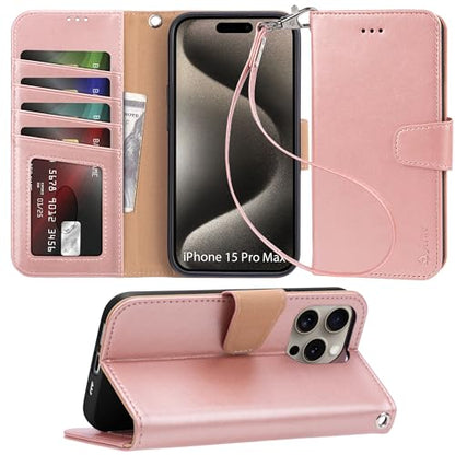 Arae Compatible with iPhone 15 Pro Max Case with Card Holder and Wrist Strap Wallet Flip Cover for iPhone 15 Pro Max 6.7 inch,Rose Gold - color: Rose Gold, size: iPhone 15 Pro Max 6.7 inch
