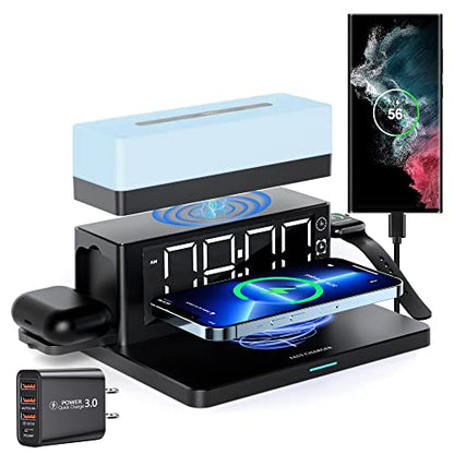 Wireless Charger,6 in 1 Wireless Charging Station with Digital Alarm Clock & Night Light,15W Fast Charger Compatible with iPhone 14/13/12/11/XS Samsung Galaxy AirPods & Apple Watch (Black)