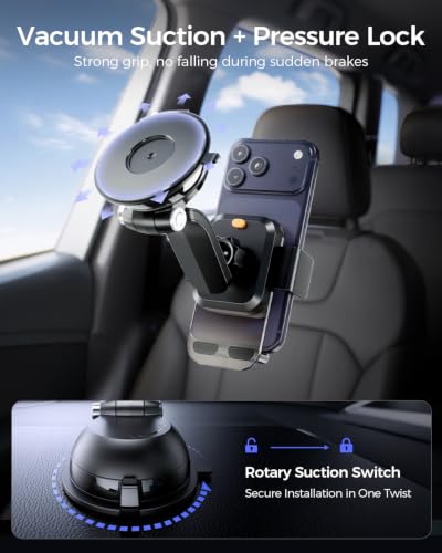 PISEN Dashboard Car Phone Mount - One Press Lock Dash Phone Holder for Car, 360° Rotating One-Button Release Dash Car Phone Holder, Strong Suction Dashboard Car Phone Mount for Most Smartphone (Black)
