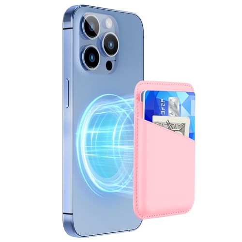 SHANSHUI Magnetic Phone Wallet Compatible with Magsafe, Durble Leather Credit Card Holder for Back of Phone Compatible with iPhone 17/16/15/14/13/12 Series - color: Pink