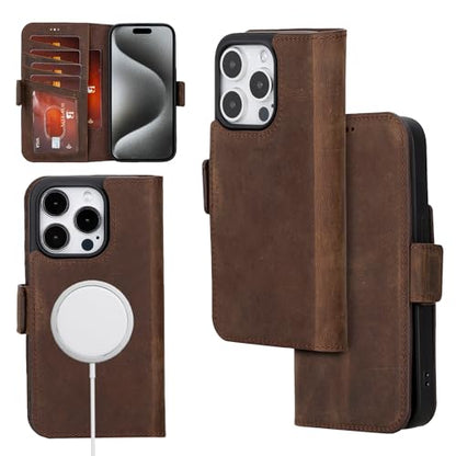 Bayelon Leather Wallet Cas for iPhone 15 Pro - Flip Cover Card Holder, iPhone 15 Pro Wallet Case, Folio Case, Kickstand, MagSafe Compatible Wallet RFID Blocking (Dark Brown) - color: Dark Brown, size: iPhone 15 Pro