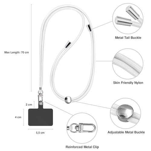 TBOC Cell Phone Lanyard [White] - Comfortable Universal Smartphone Lanyard - Easy to Use Neck Phone Holder [Black Patch] - Adjustable Length Phone Strap Crossbody - Fits All Mobile Phones - color: White