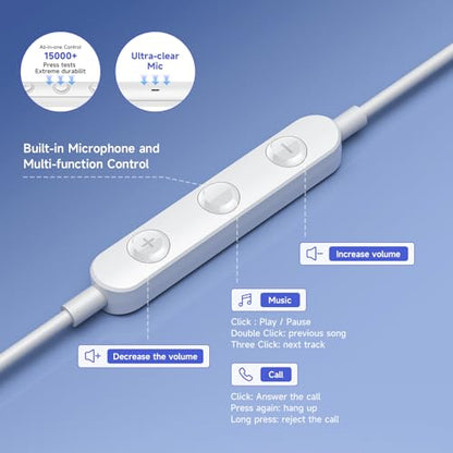 USB C Headphones Wired Earbuds for iPhone 17 Air 16 15 Plus Pro Max Samsung - color: White