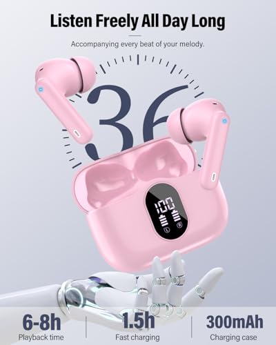 Wireless Earbuds, Bluetooth 5.4 Headphones Bass Stereo/Clear Calls, Pink - color: Pink