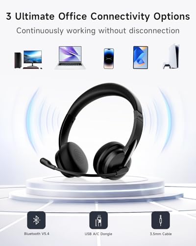 AOC Wireless Headset with Mic for Work, Bluetooth 5.4 Wireless Headset with AI Noise Canceling Mics, USB A/C Dongle, Charging Base & Mic Mute, Wireless Headphones for Laptop, PC (Classic Black)